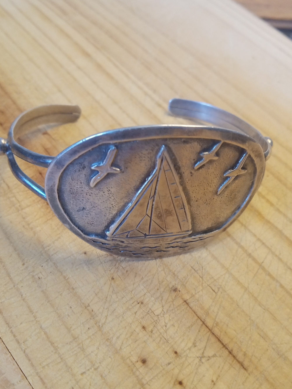 Artisan 925 Sterling Silver Sailboat Cuff Bracelet Signed